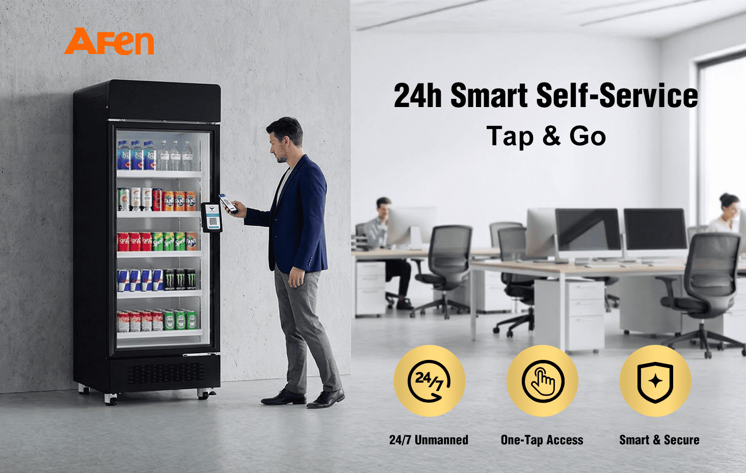 O le AFEN 510 smart cooler e tu'uina atu ai fofo fa'atau oloa e leai ni tagata e fa'aaogaina i le 24/7 mo ofisa ma faleta'alo.